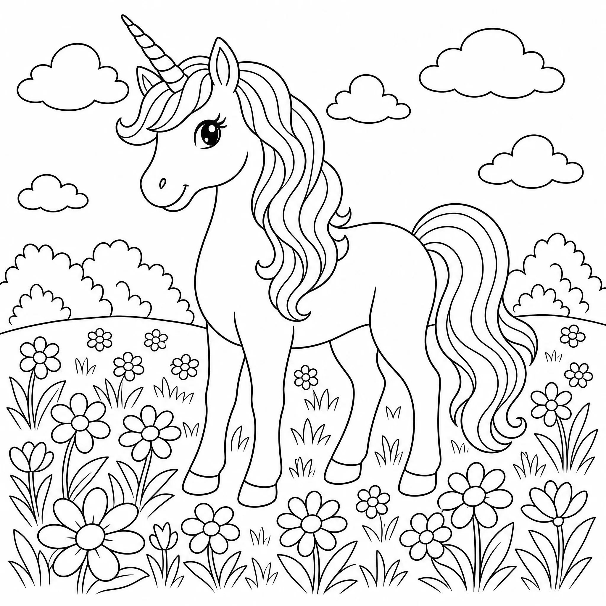 A generated unicorn coloring page to print and color