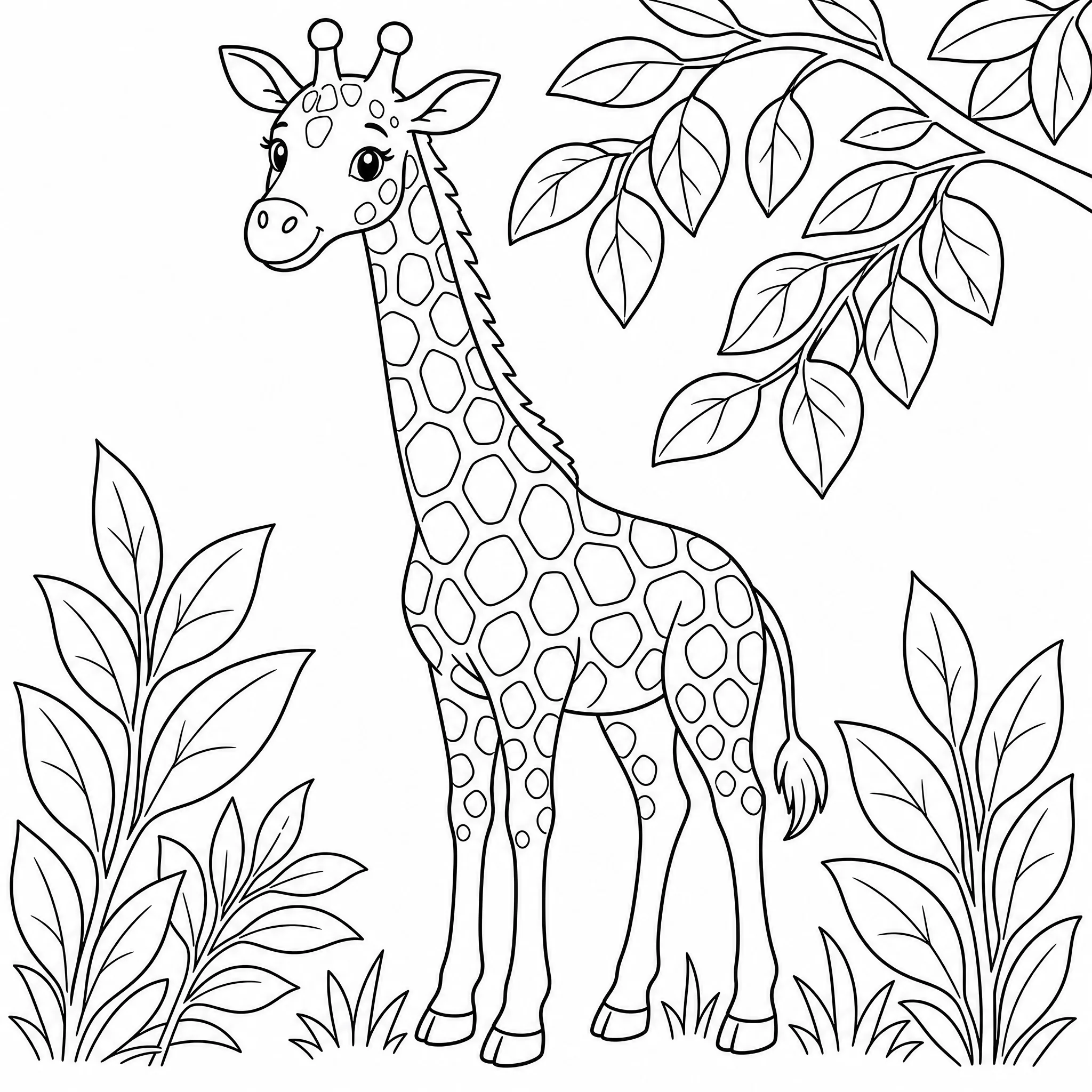 A giraffe coloring book page with clean outlines