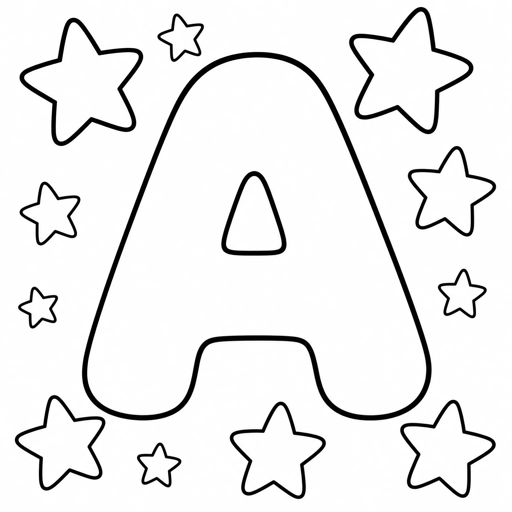 A single bubble letter A coloring page with stars
