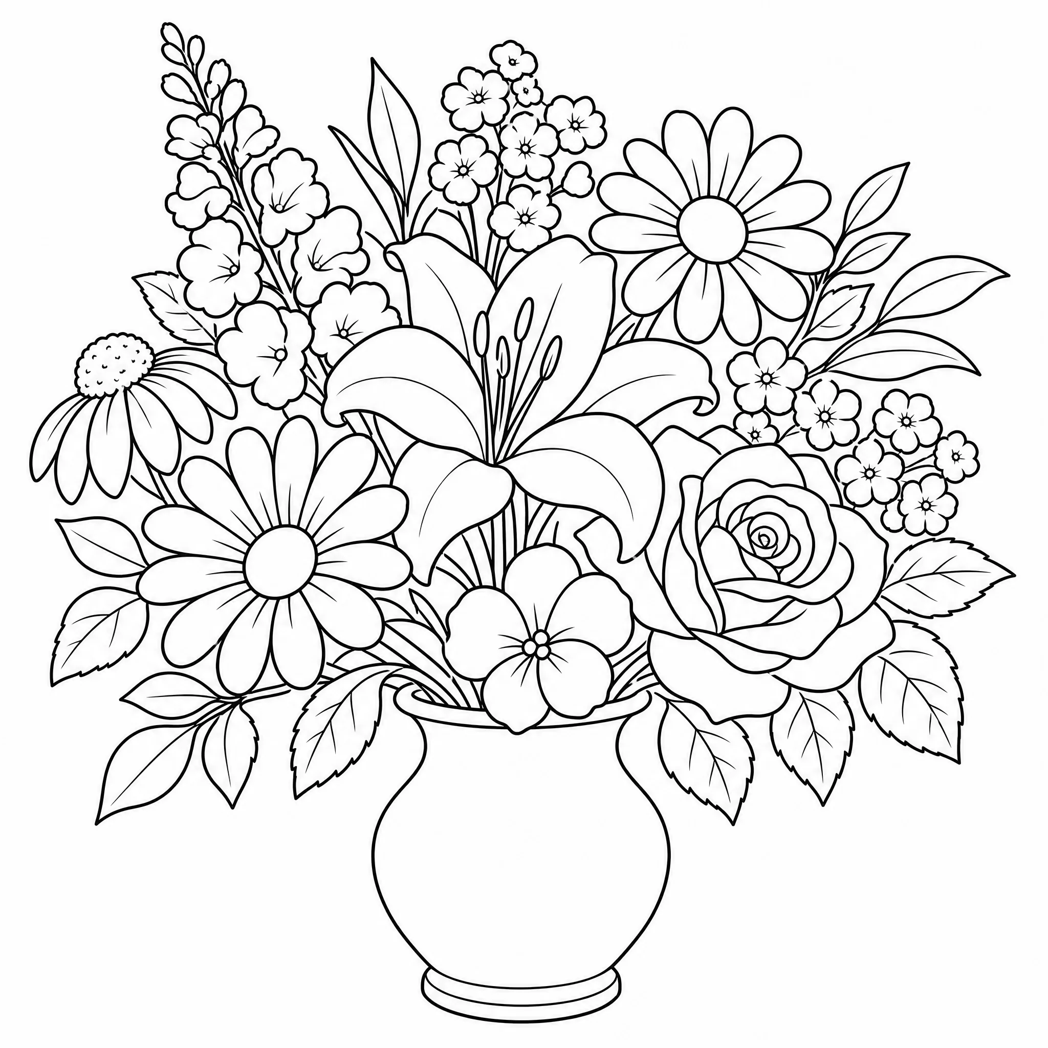 A bouquet of flowers turned into a printable coloring page