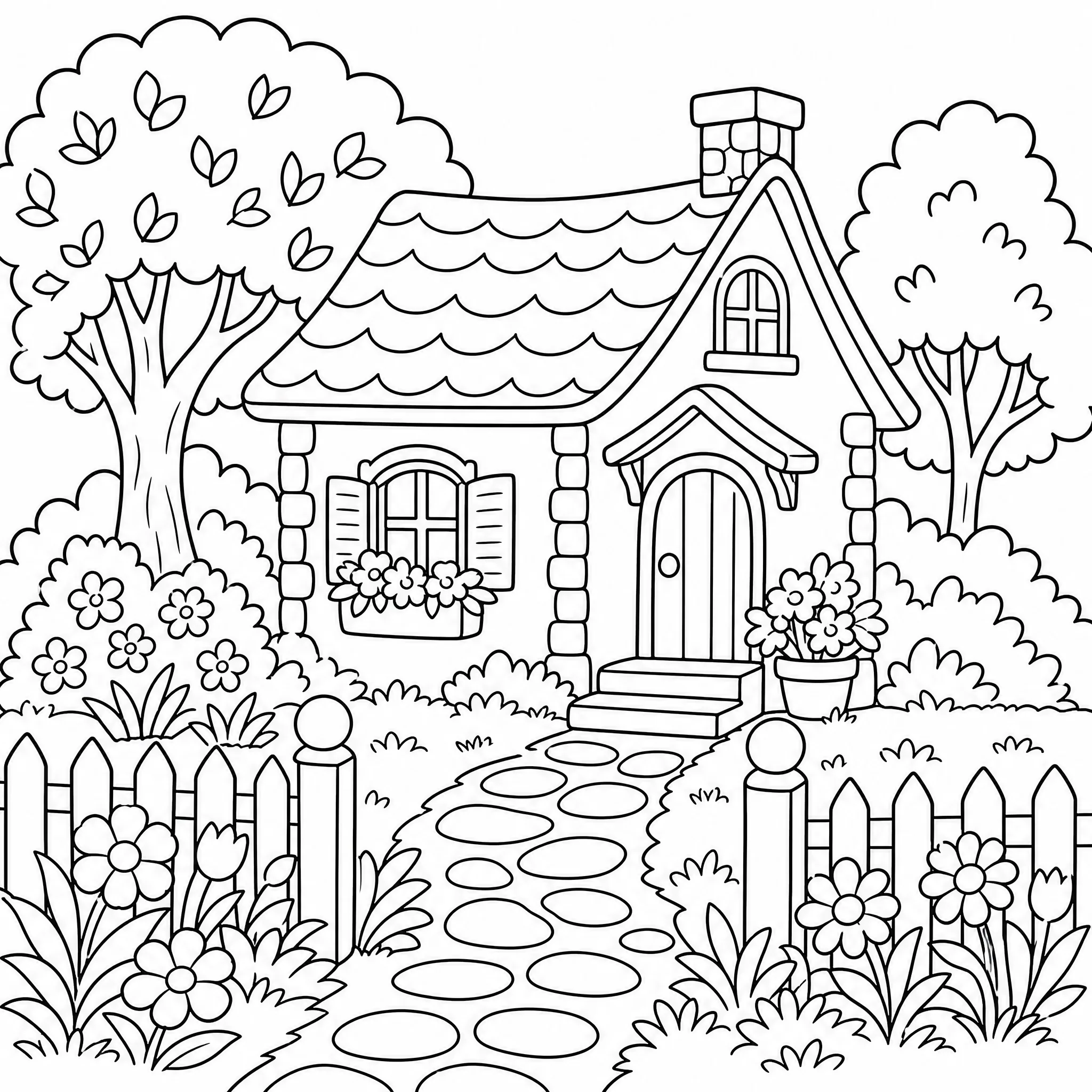 A cottage house picture turned into a coloring page outline