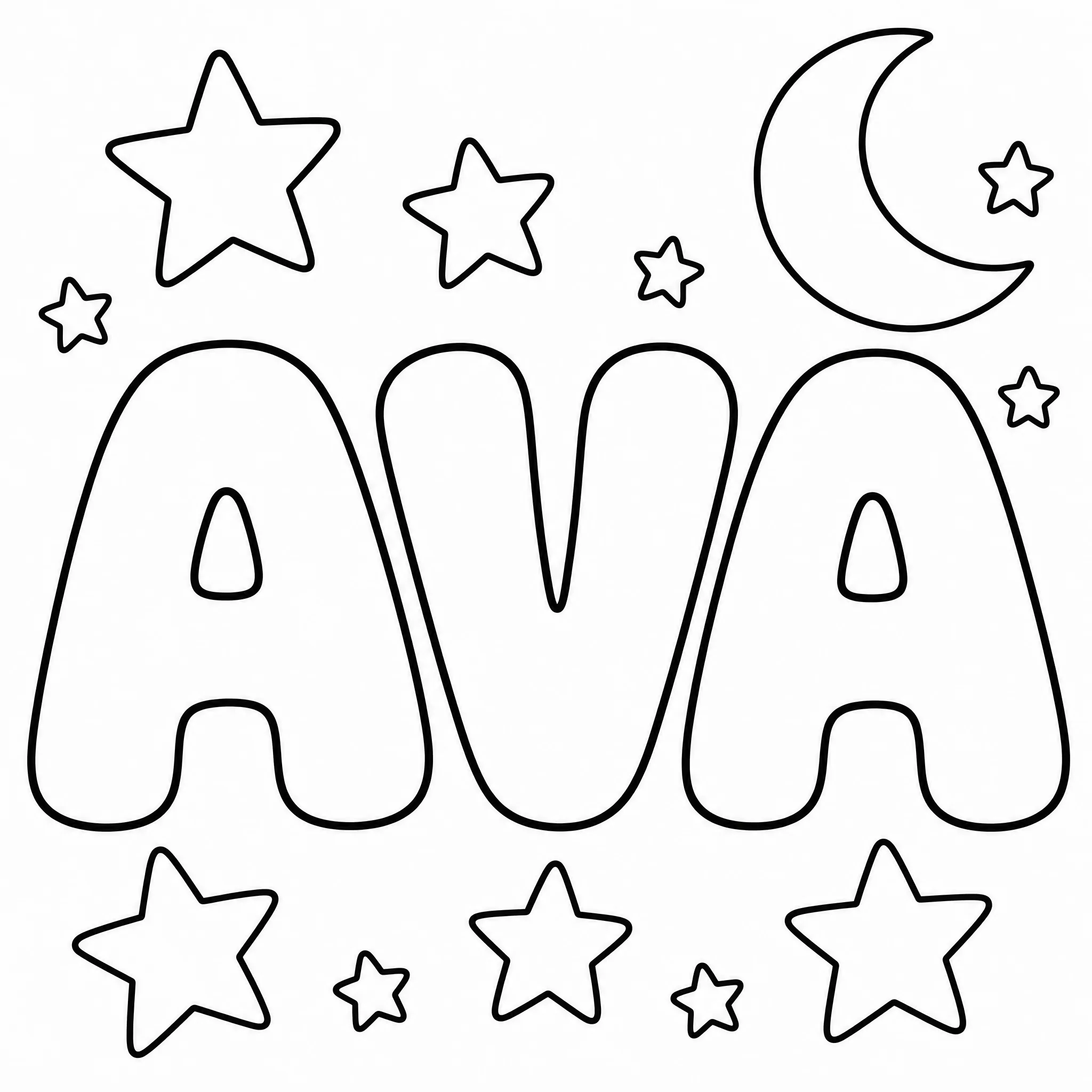 A name coloring page with AVA in bubble letters and stars