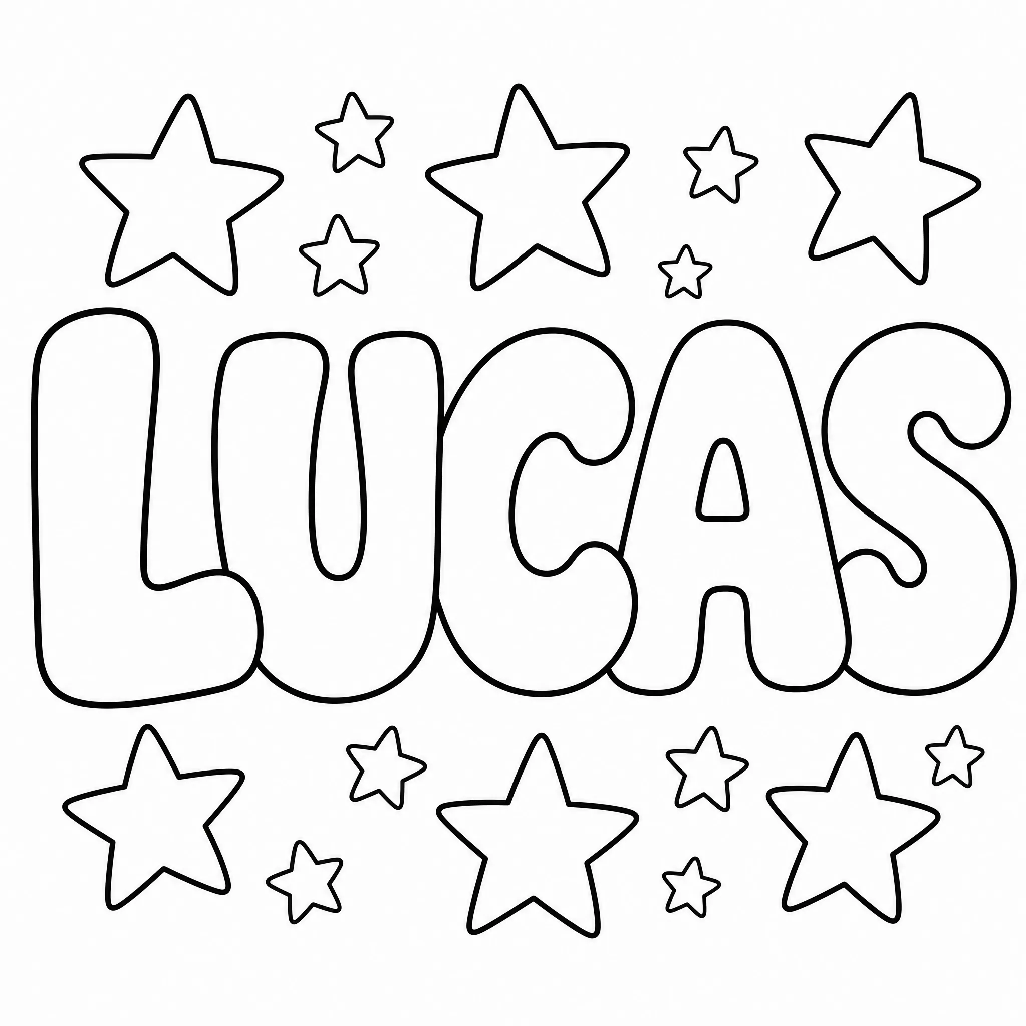 A name coloring page with LUCAS in bubble letters
