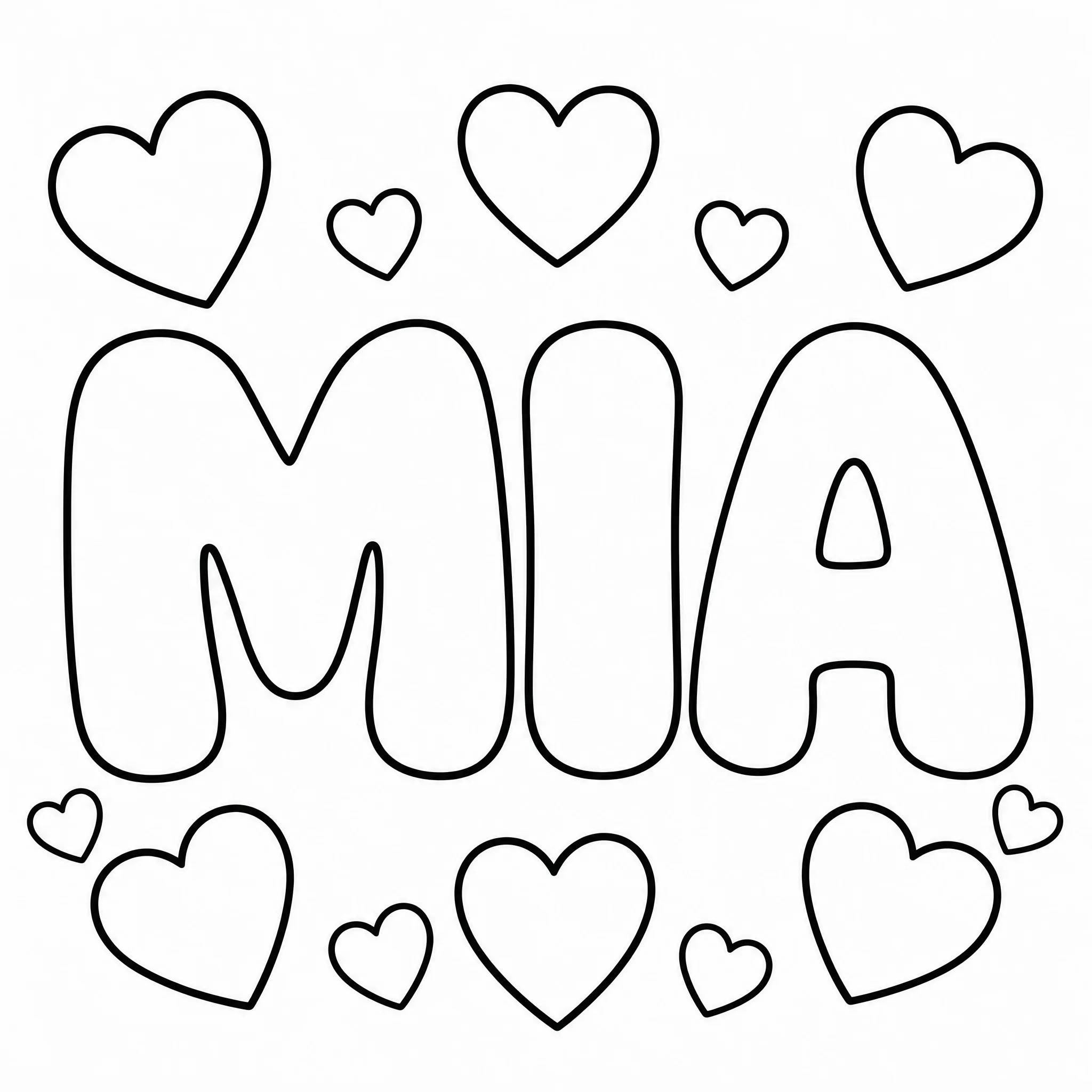 A name coloring page with MIA in bubble letters and hearts