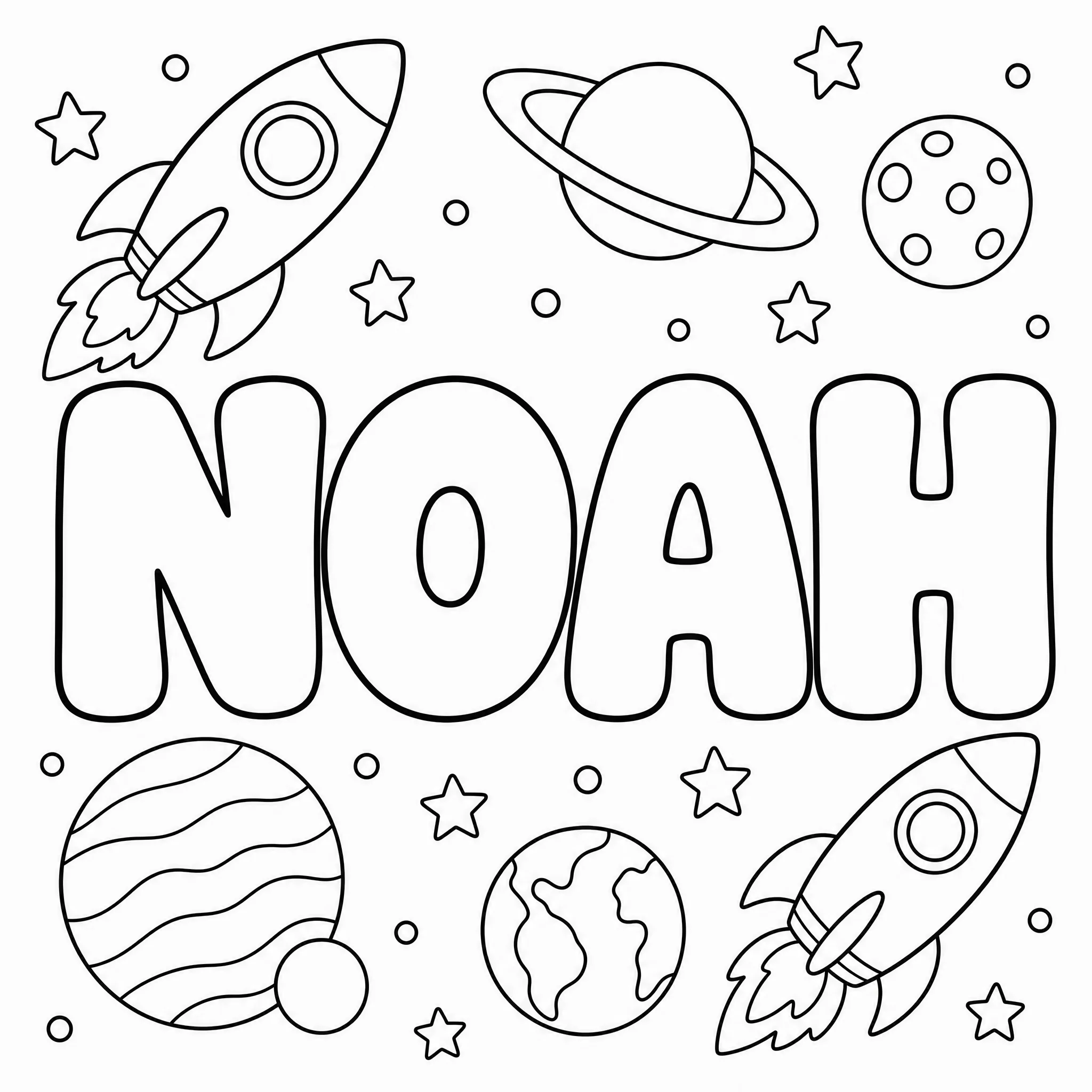 A name coloring page with NOAH in bubble letters
