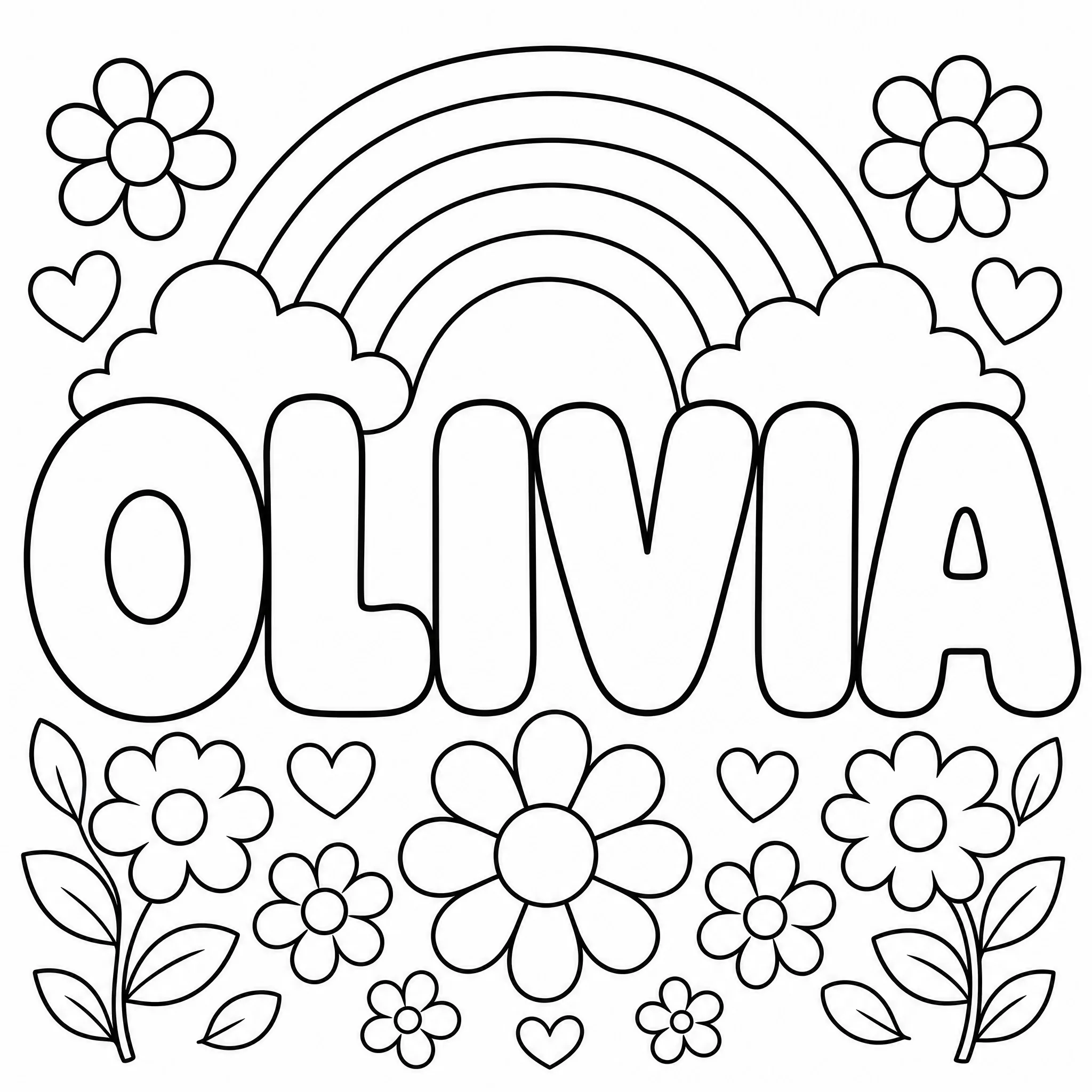 A name coloring page with OLIVIA in bubble letters and flowers
