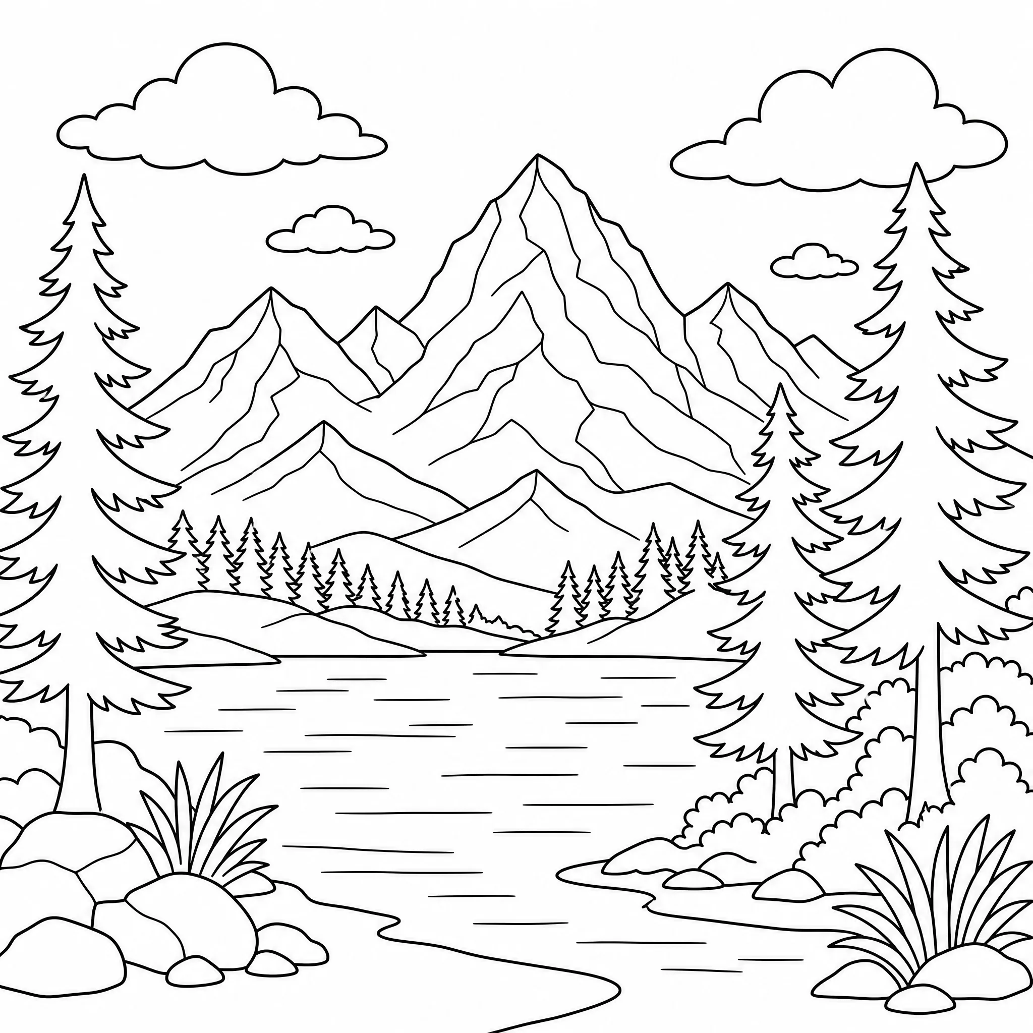 A landscape photo converted into a detailed coloring page