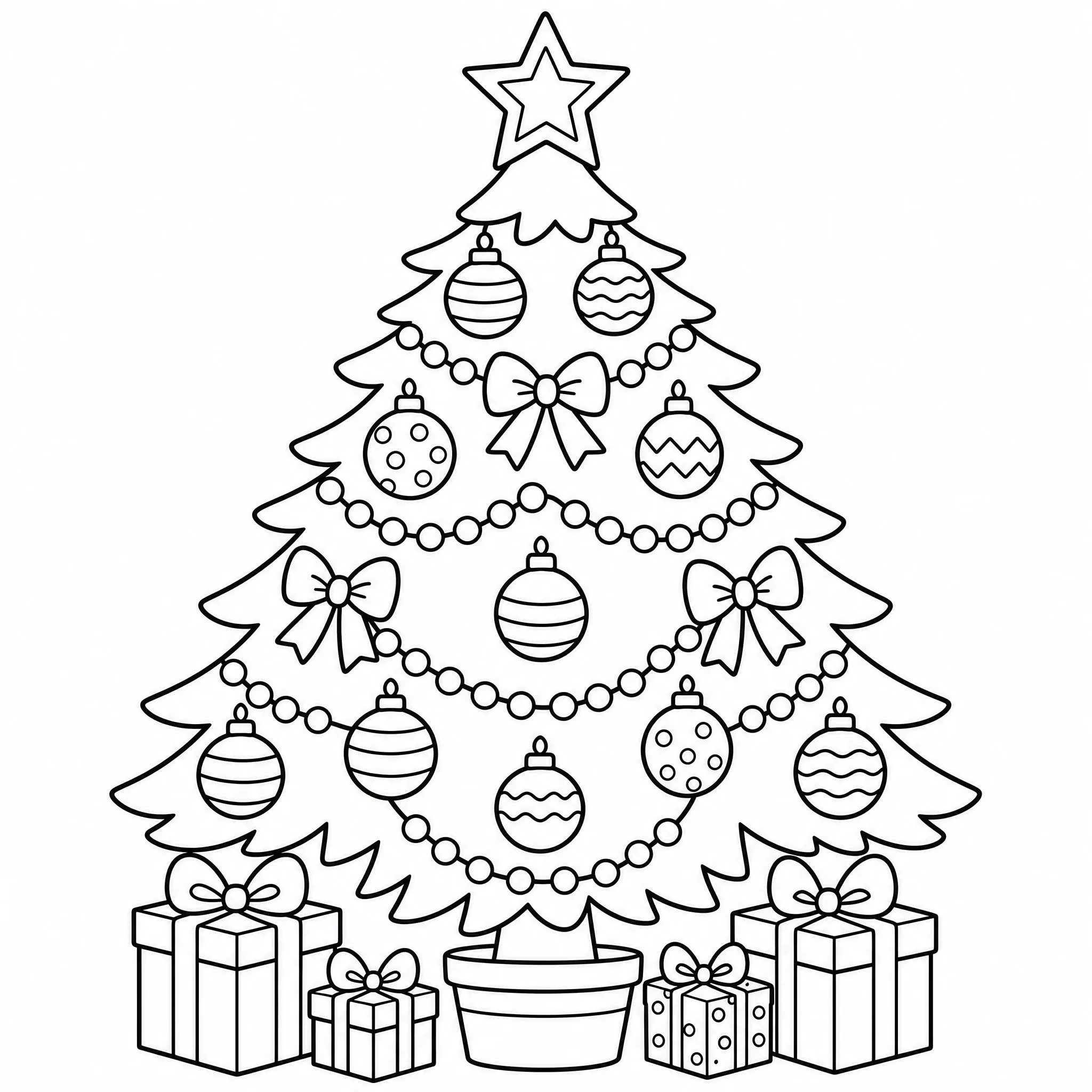 A decorated Christmas tree coloring page to print and color